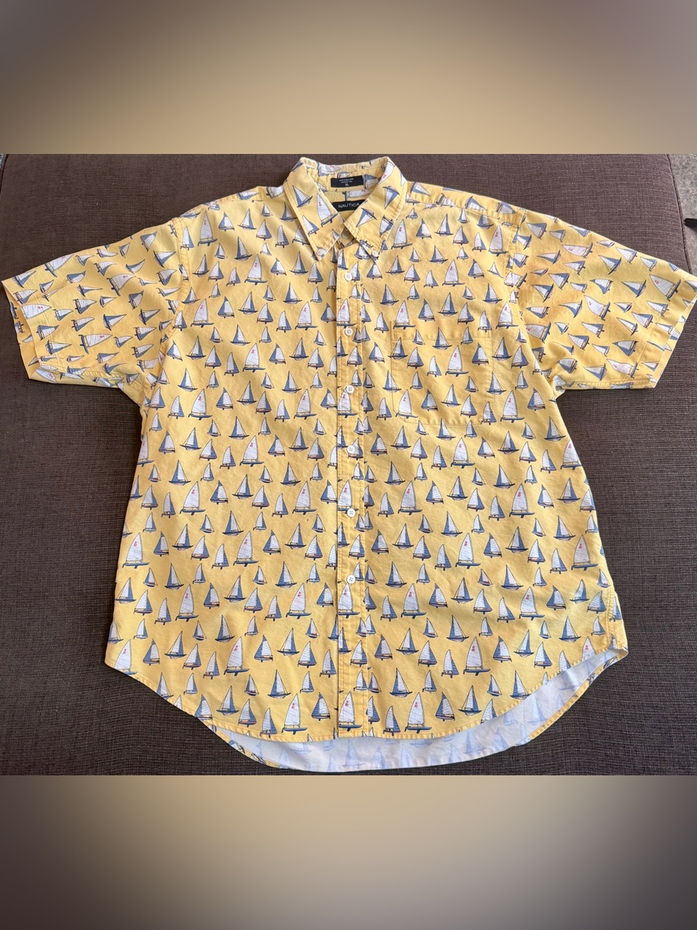 Nautica Yellow Short-Sleeve Button-Down with Sailboat Print XL